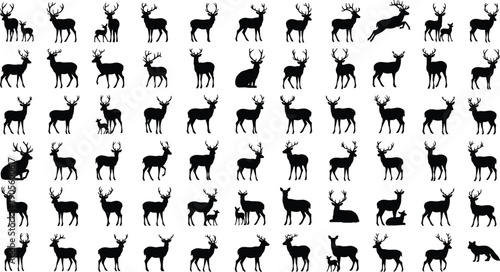 Black silhouette vector illustration of deer in diverse poses including standing, sitting, leaping, and fawn pairings for wildlife, nature, and design themes