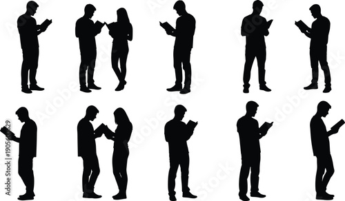 People reading book silhouettes set, men and women standing and studying, education, learning habit, knowledge concept, isolated black human figures