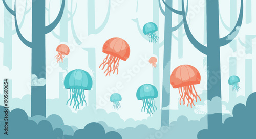 Colorful Jellyfish Swimming in Ocean Scene.