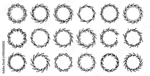 Hand drawn line art wreath frames set featuring various leafy designs for decorative purposes
