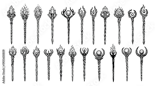 Hand drawn line art magic staffs set featuring crystals, fire, and orbs for fantasy design elements
