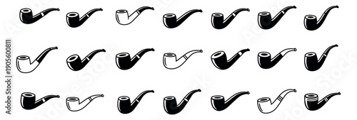 Line art and solid fill smoking pipe icon set featuring various classic designs for retro and vintage themes
