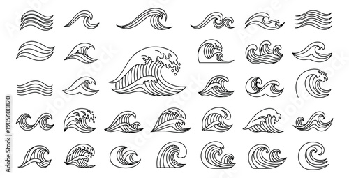 Line art ocean wave set featuring diverse shapes and forms for marine design projects
