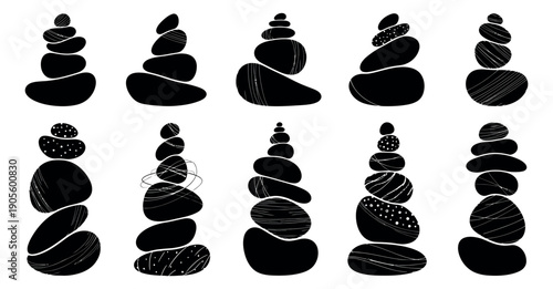 Abstract hand drawn stacked stones set featuring balanced black pebble stacks with decorative line art textures for zen, meditation, and spa designs