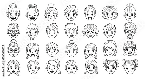 Hand drawn line art character faces set featuring various emotions and expressions for illustrating feelings