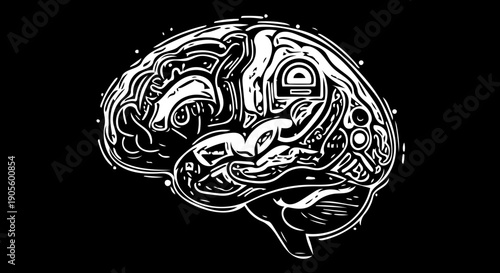 Intricate digital brain illustration showcasing the fusion of artificial intelligence and human thought within a complex technological network