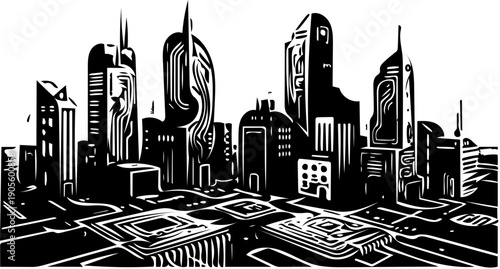 Black and white futuristic city skyline illustration, buildings integrated with circuit board designs, symbolizing advanced digital technology and smart urban infrastructure
