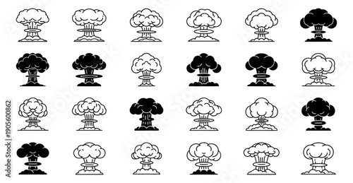 Line art and solid mushroom cloud icon set featuring various explosion shapes for danger concepts