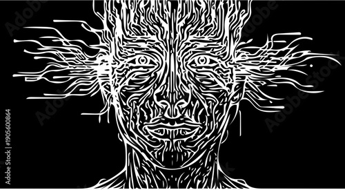 Intricate digital concept illustration of a human face formed by flowing lines, symbolizing the complex interplay between mind, data, and technology in the modern era