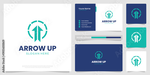 Abstract arrow logo design inspiration. Symbol for business, finance, logistic with business card template.