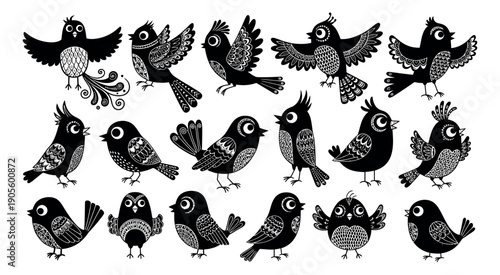 Decorative hand drawn bird set featuring various artistic birds with patterned bodies for nature and spring designs