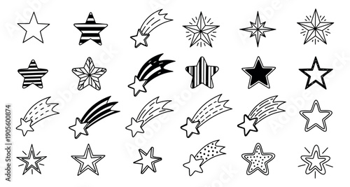 Hand drawn doodle star set featuring different shapes and shooting stars for various design projects