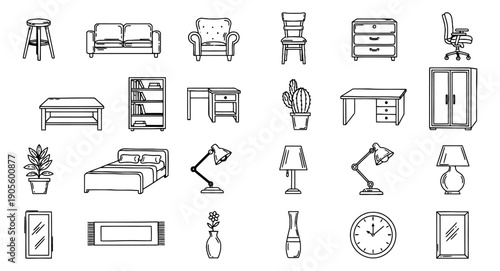 Hand drawn line art furniture and home decor icon set featuring various essential pieces for interior design and room decoration