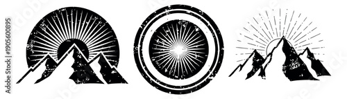 Grunge mountain sun emblems set featuring various styles with sunbursts and peaks for outdoor adventure and branding designs