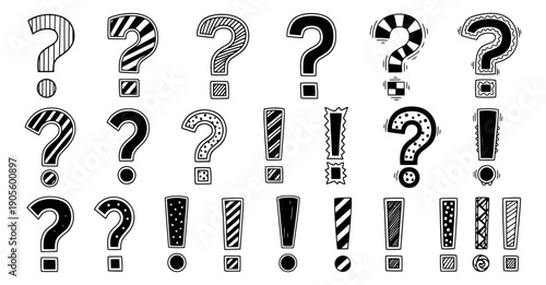 Hand drawn line art question and exclamation marks set featuring various patterns for communication and expression