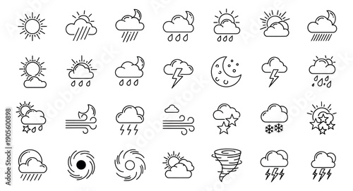 Line art weather icons set featuring common atmospheric conditions for weather forecasting and applications