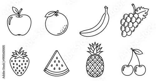 Hand drawn line art icons set featuring an apple, banana, orange, and other fresh fruits for healthy eating and food design