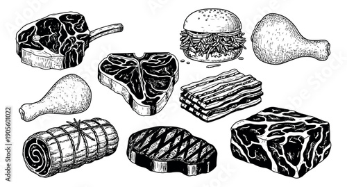 Hand drawn line art meat cuts and burger set featuring steaks, bacon, chicken, and a pulled pork burger for restaurant menus