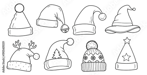 Hand drawn line art holiday hats set featuring santa hats, a beanie, and reindeer antlers for winter season celebrations