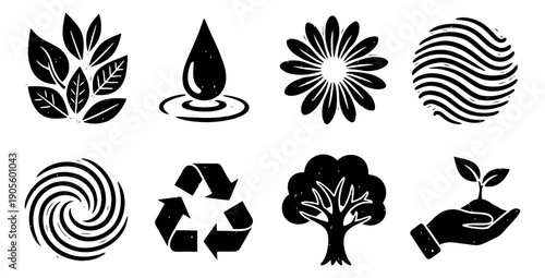 Grungy hand drawn nature icons set featuring plant leaves, water drop, flower, waves, swirl, recycle symbol, tree, and a seedling in hand for environmental designs
