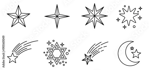 Line art star and celestial icon set featuring different star shapes, a shooting star, a moon, and a Star of David for cosmic designs, celebrations, and rating systems