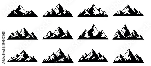 Stylized mountain icon set featuring diverse geometric peaks for outdoor adventure branding
