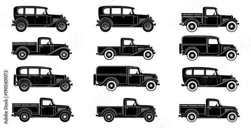 Vintage line art automobile set featuring classic sedans, pickup trucks, and delivery vans for historical transport design