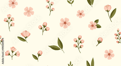 Watercolor Pink Flowers and Leaves Pattern.