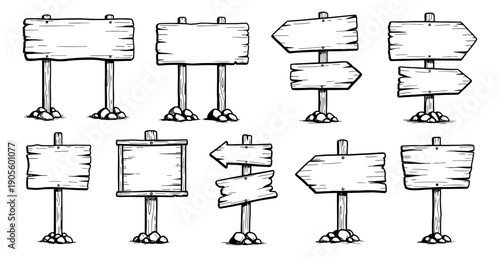 Hand drawn line art wooden signboards set featuring various rustic shapes and arrow pointers for providing information and direction