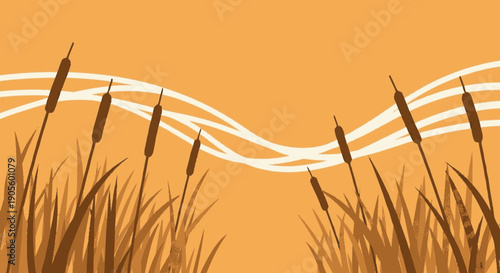Cattails and Grass Illustration with Wavy Lines.