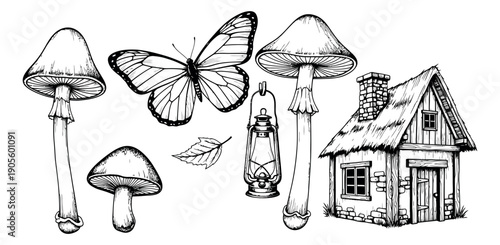 Hand drawn line art fairy tale set featuring mushrooms, a butterfly, a leaf, a lantern, and a cottage for fantasy illustrations