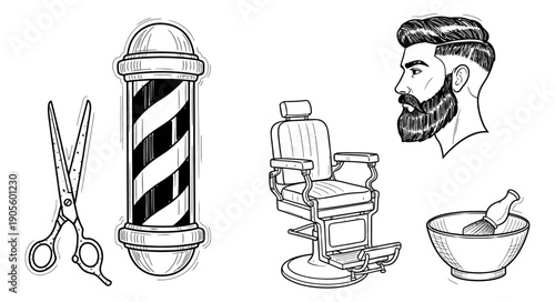 Hand drawn line art barbershop set featuring a barber pole, chair, scissors, bearded man, and shaving brush for professional grooming services