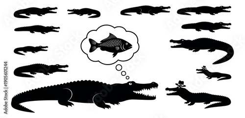 Silhouette alligator and crocodile set featuring various poses, one dreaming of a fish and another wearing a hat for animal and wildlife themes