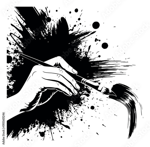 Hand drawn line art illustration of a hand holding a paintbrush depicting an artistic brushstroke and paint splatters for art and creativity concepts