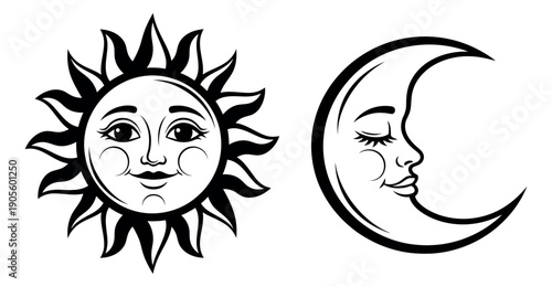 Hand drawn line art celestial symbols set featuring a smiling sun and a sleeping crescent moon for decorative designs and astrology