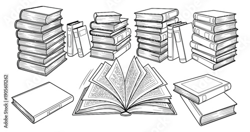 Hand drawn book set featuring various stacks, individual volumes, and an open book for education and reading