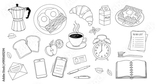 Hand drawn line art morning essentials set featuring breakfast foods, beverages, and daily routine objects for daily life and planning