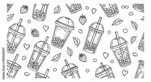 Hand drawn line art bubble tea pattern set featuring tapioca pearl drinks, strawberries, and leaves for modern cafe branding