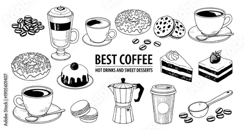 Hand drawn line art coffee and dessert set featuring hot beverages, coffee beans, and sweet pastries for cafe menu design