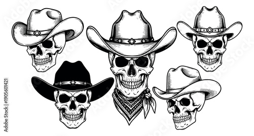 Hand drawn line art cowboy skull set featuring skulls wearing western hats and a bandana for vintage designs