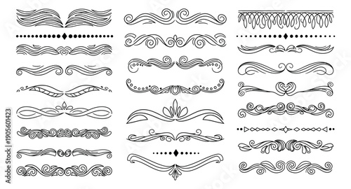 Hand drawn line art decorative divider set featuring elegant flourishes and calligraphic elements for graphic design