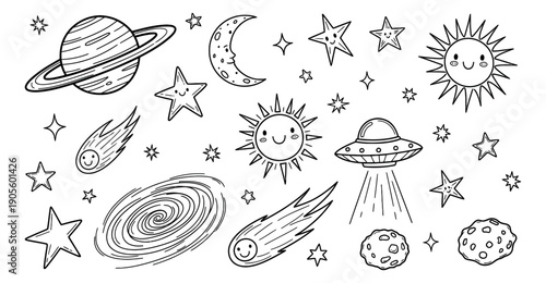 Hand drawn line art space objects set featuring planets, moons, stars, sun, comets, UFO, galaxy, and asteroids for children's education and design projects