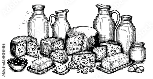 Hand drawn line art dairy products set featuring milk, cheese, and butter for food design