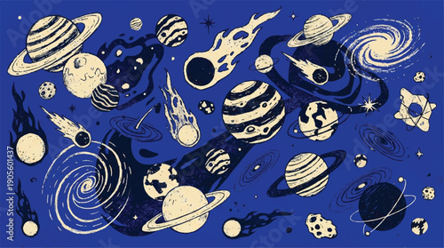 Illustration of planets and celestial objects in space with swirling clouds and stars