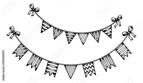 Hand drawn line art party bunting set featuring triangular flags with various patterns and bows for celebrations and events