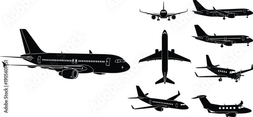 Commercial airplane silhouettes set showing passenger aircraft from multiple angles, aviation transport concept, airline industry, travel, isolated black plane illustrations