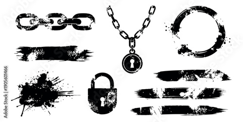 Distressed hand drawn graphic elements set featuring chains, padlock, keyhole, brush strokes, and ink splatters for creative design