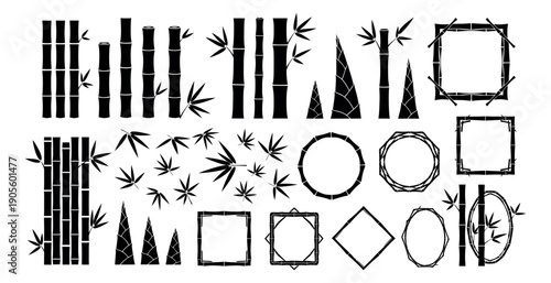 Stylized bamboo elements set featuring stalks, leaves, shoots, and frames for Asian design