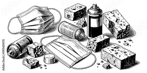 Hand drawn line art set featuring disposable medical masks, spray cans, and concrete debris for urban and environmental themes