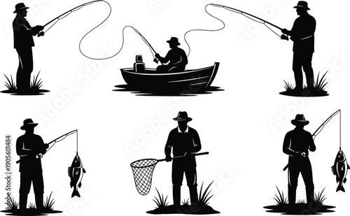 Black and white vector silhouettes of fishermen casting rods from shore and boat, catching fish with nets, outdoor hobby set,